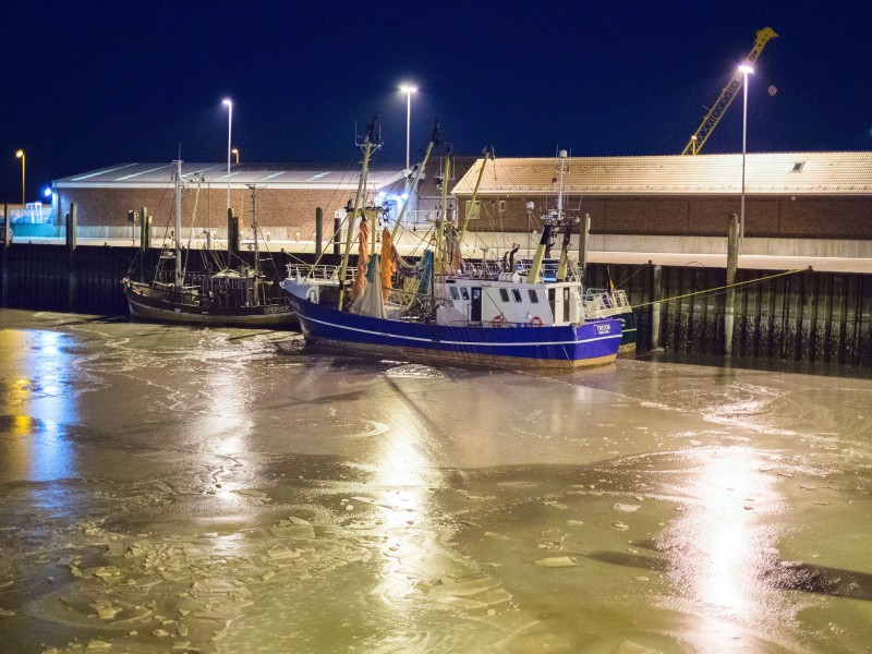 Zwei Kutter liegen an der zugefrorenen Anlegestelle im Hafen von Norddeich (Niedersachsen). Niedrigwasser und Eis wirbeln Fahrpläne der Fähren durcheinander. Der Inselverkehr bleibt eingeschränkt – Juist ist abgeschnitten. 