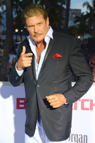 The Hoff mit Oberlippenbärtchen, rotem Einstecktuch und lässiger Pose. So präsentierte sich der Schauspieler im Lummus Park in Miami Beach in Florida auf dem roten Teppich.