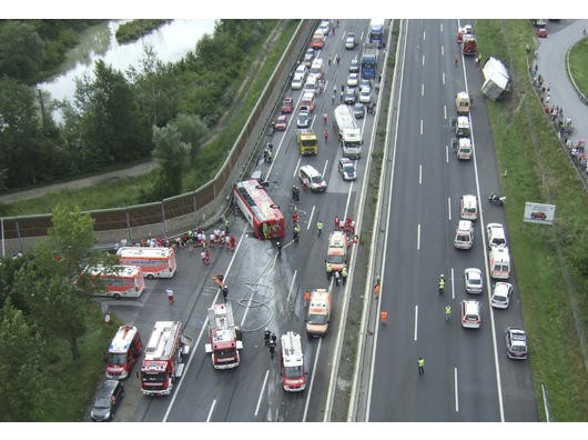 An aerial view provided by the Austrian Automobile, Motorcycle and Touring Club, OeAMTC, on Thursday, Aug. 6, 2009 shows a crashed German bus, left, surrounded by rescue and fire vehicles on a motorway near the Austrian village of Korneuburg, Austria. One person was killed and around 18 were injured in the accident when the bus collided with a lorry and a car, police reported. (AP Photo/OeAMTC) * NO SALES * EDITORIAL USE ONLY * MANDATORY CREDIT *