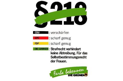 § 218: CDU: verschärfen, SPD: scharf genug, FDP: scharf genug, Die Grünen: Strafrecht verhindert keine Abtreibung. Für das Selbstbestimmungsrecht der Frauen. Farbe bekennen DIE GRÜNEN [1987] (c) Archiv Grünes Gedächtnis