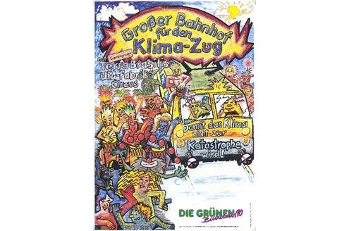 Großer Bahnhof für den Klima-Zug. Damit das Klima
nicht zur Katastrophe wird! [1990] (c) Archiv Grünes Gedächtnis