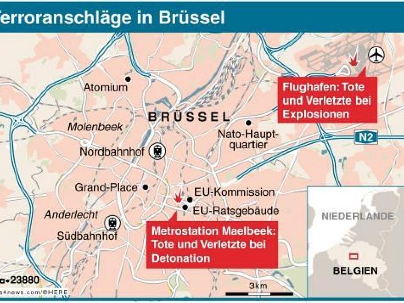 Eine Karte zeigt die Orte, an denen die Sprengsätze explodiert sind. 