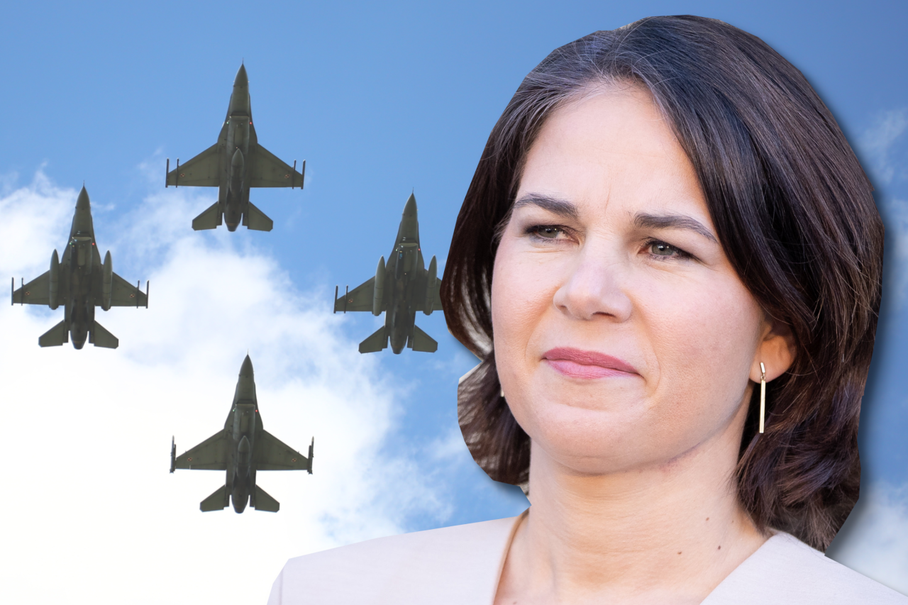 Annalena Baerbock und polnische Kampfflugzeuge vom Typ MiG-29. 