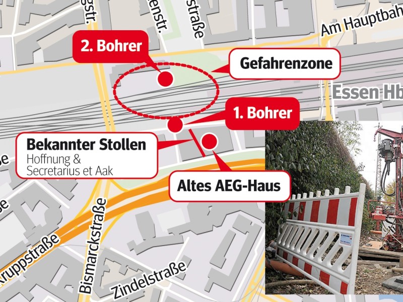 Der Stollen unter dem AEG-Haus und der am Mittwoch entdeckte Hohlraum zwischen Bert-Brecht-Straße und Bahntrasse wurde zwischen Donnerstagabend und Freitagmorgen (22. November) bereits mit 170 Tonnen Beton verfüllt. Grafik: Helge Hoffmann