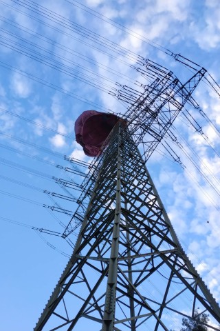 Der Mast, in dem sich der Luftballon verfangen hat, ist 75 Meter hoch.