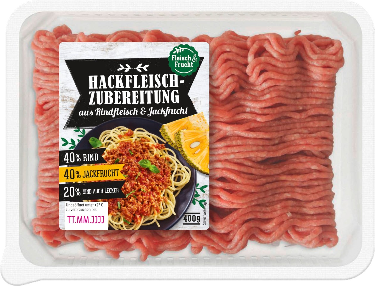 Lidl: Hackfleisch zu 40 Prozent aus Rind und 40 Prozent aus Jackfrucht. 