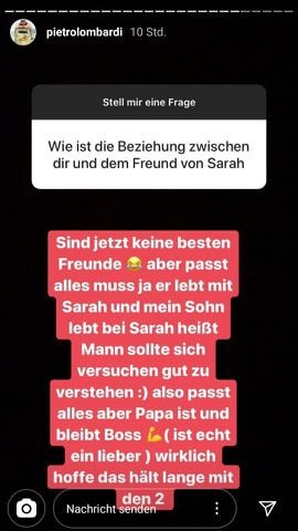 Pietros Statement auf die Fan-Frage, wie er sich mit dem Freund von Ex-Frau Sarah versteht.