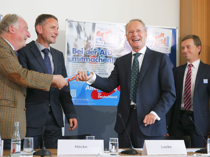 Damals noch zusammen für die Alternative für Deutschland: Alexander Gauland, Björn Hoecke , Hans-Olaf Henkel und Bernd Lucke (v.r.n.l.) im September 2015 bei einer Bundeskonferenz in Berlin. Das Gründungsmitglied Bernd Lucke trat nach seiner Abwahl im Juli 2015 aus der AfD und gründete die Partei Allianz für Fortschritt und Aufbruch (ALFA).