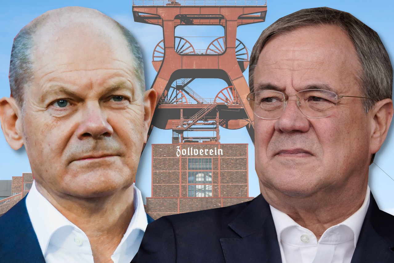 Die Kanzlerkandidaten Olaf Scholz und Armin Laschet und das Symbol des Reviers. 