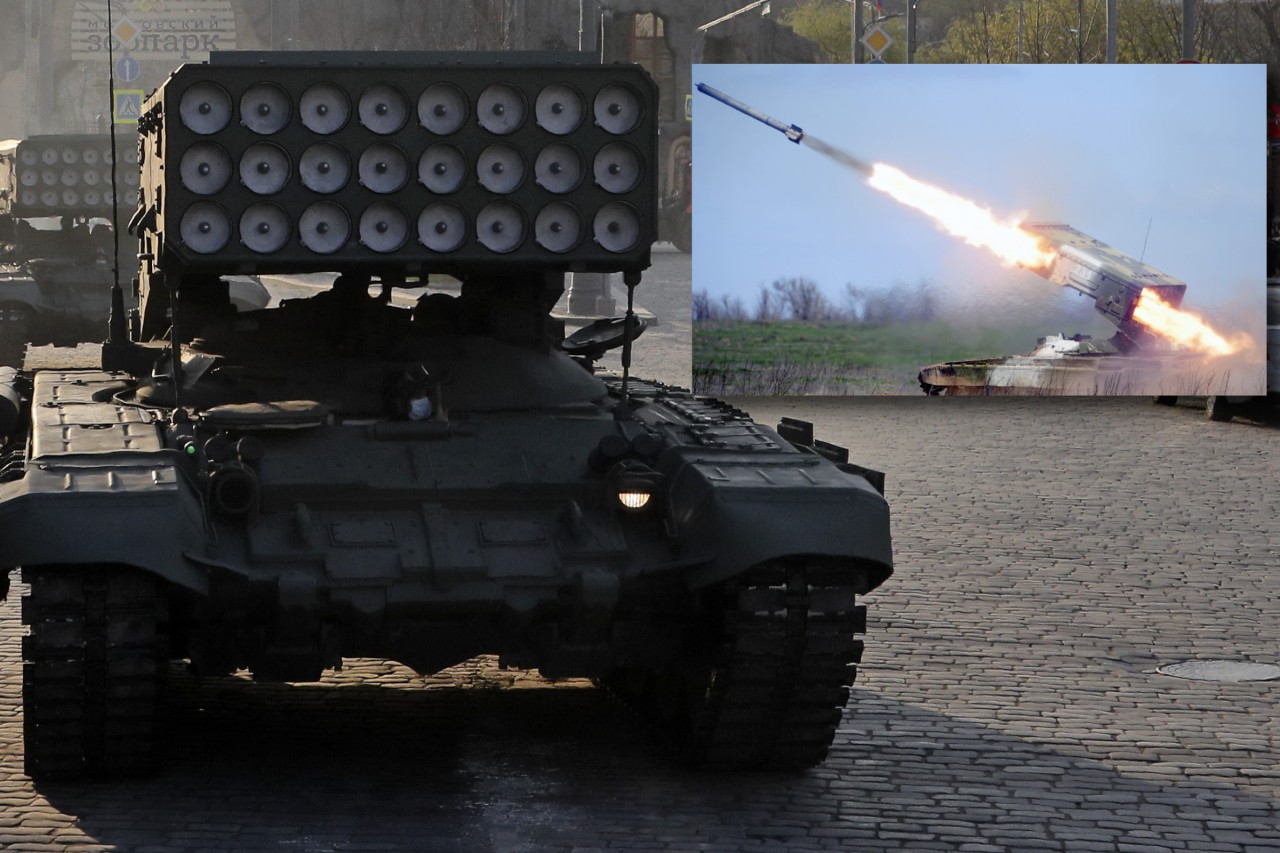 Eine der furchtbarsten Kriegsgeräte von Wladimir Putin: Die Mehrfachraketenwerfer vom Typ TOS-1 Buratino.
