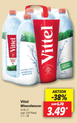 „Vittel“-Mineralwasser im Lidl-Prospekt.