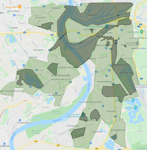 In diesen Teilen von Duisburg sind die E-Scooter von Lime künftig verfügbar. 