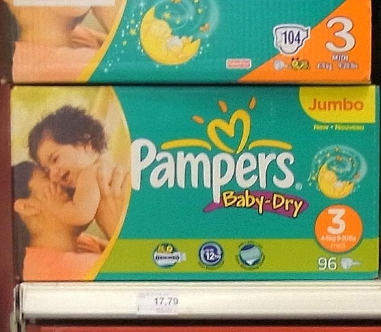 Pampers Jumbopack - früher 104 Windeln, heute 96 Stück.