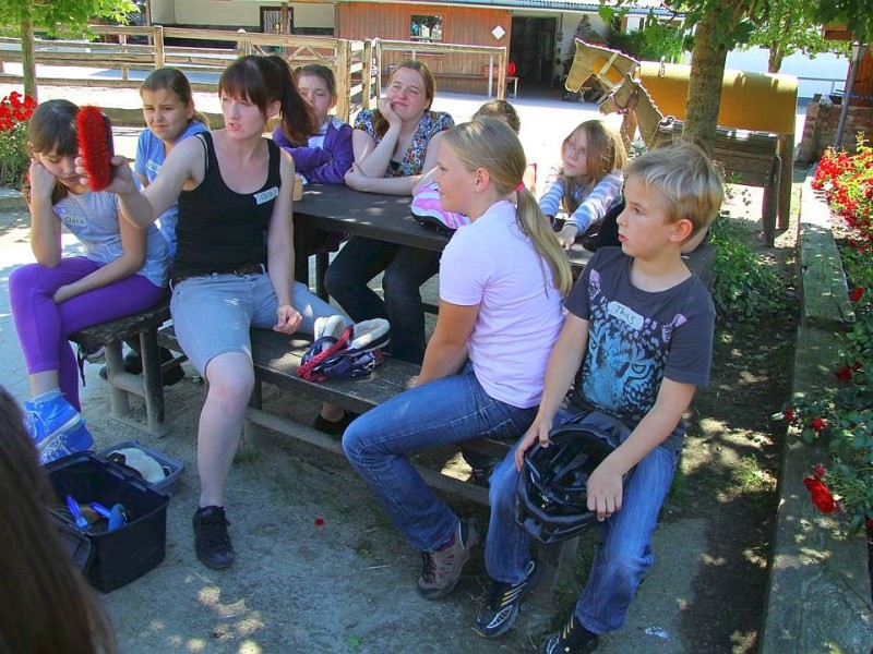 Der Freienspass auf dem Reiterhof Reiterzentrum Worch am Montag 23. Juli 2012 in Hattingen.Die 32 Kinder imm Alter zwischen 8-10 Jahren lernen spielerisch mit dem Tier Pferd umzugehen.Satteln,Säubern und reiten gehört dazu.Auch der Reitunterricht findetr statt. Foto: Claudia Schütte / WAZ FotoPool