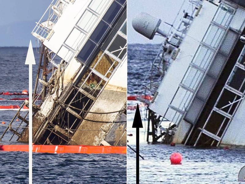 Hier lässt sich der Fortschritt der Bergungsarbeiten am Montag ablesen: Auf der linken Seite liegt das Schiff nach den ersten Anhebungsbemühungen im Wasser, rechts vor dem Start der Bergungsarbeiten.