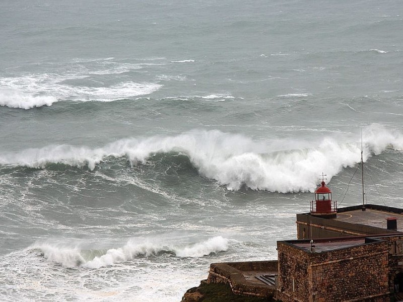 ...schauen die Surfer, die Riesenwellen reiten, mit Sehnsucht aufs Meer. Darunter sind...