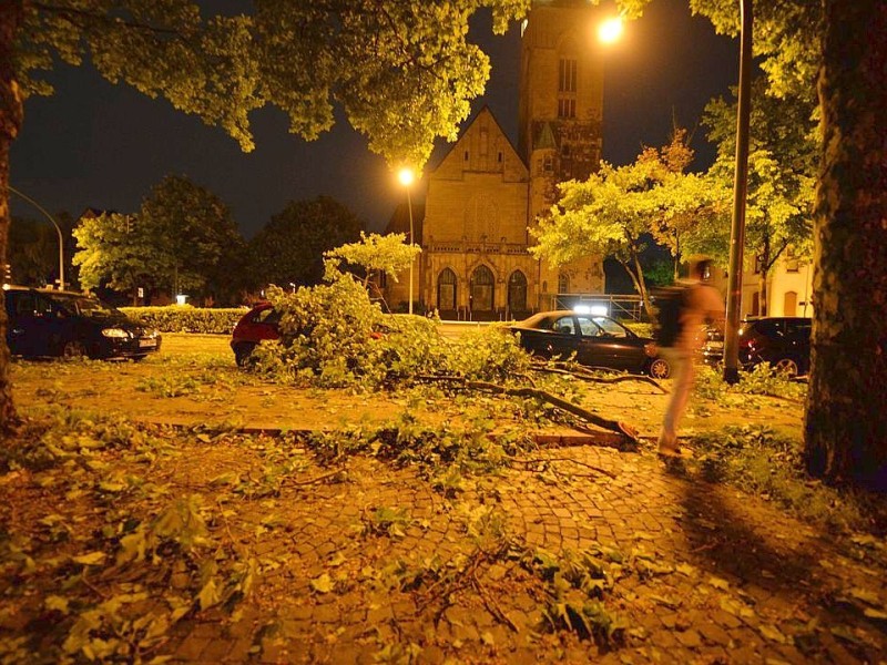 Essen, nach dem Gewitter liegen abgerissene Äste und ein Blättermeer auf Straße und Gehwegen an der Töpfertstraße.