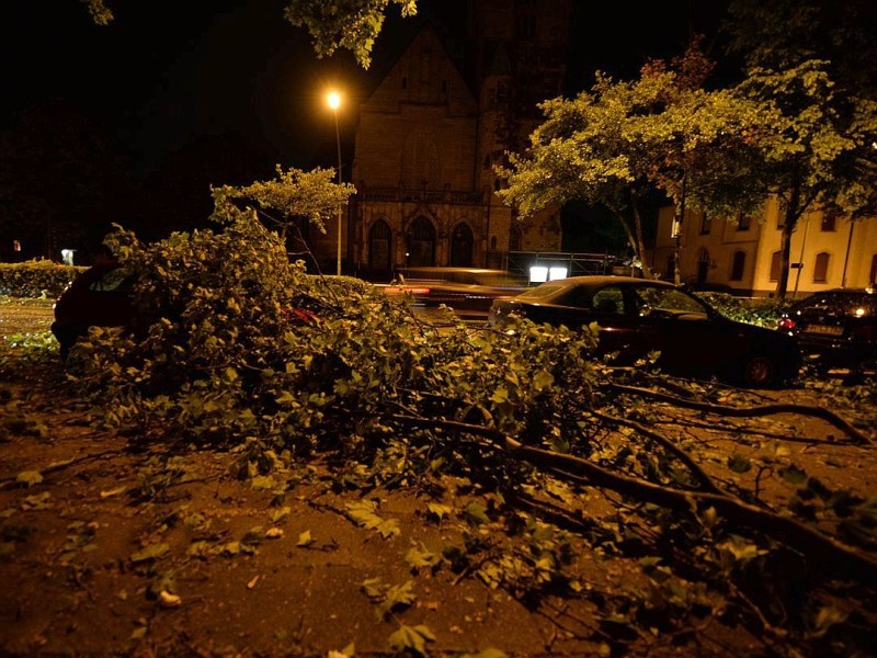 Essen, nach dem Gewitter liegen abgerissene Äste und ein Blättermeer auf Straße und Gehwegen an der Töpfertstraße.