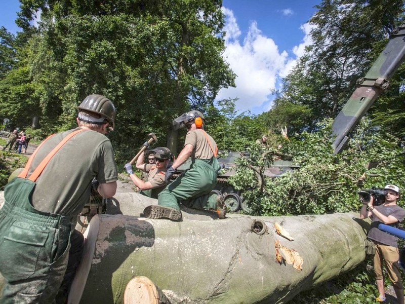 Bundeswehrpioniere helfen in Düsseldorf dabei, von Sturm Ela umgeworfene Bäume zu räumen.