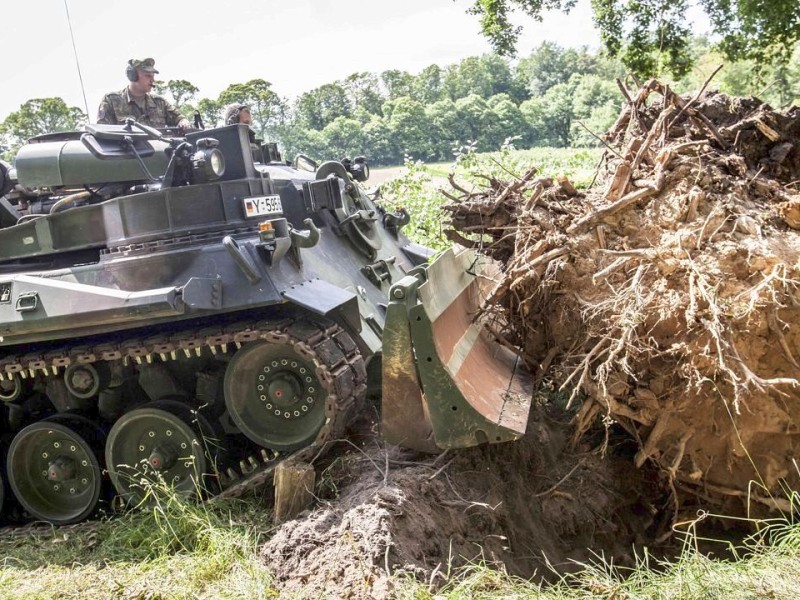 Bundeswehrpioniere helfen in Düsseldorf dabei, von Sturm Ela umgeworfene Bäume zu räumen.