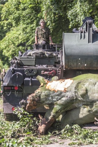 Bundeswehrpioniere helfen in Düsseldorf dabei, von Sturm Ela umgeworfene Bäume zu räumen.