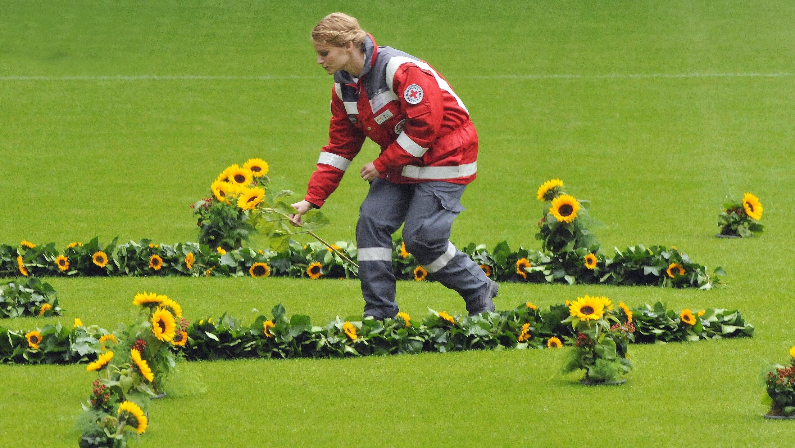 Helfer der Rettungsdienste legten in der MSV-Arena für jedes Todesopfer eine Sonneblume nieder. Foto: Kai kitschenberg/WAZFotoPool