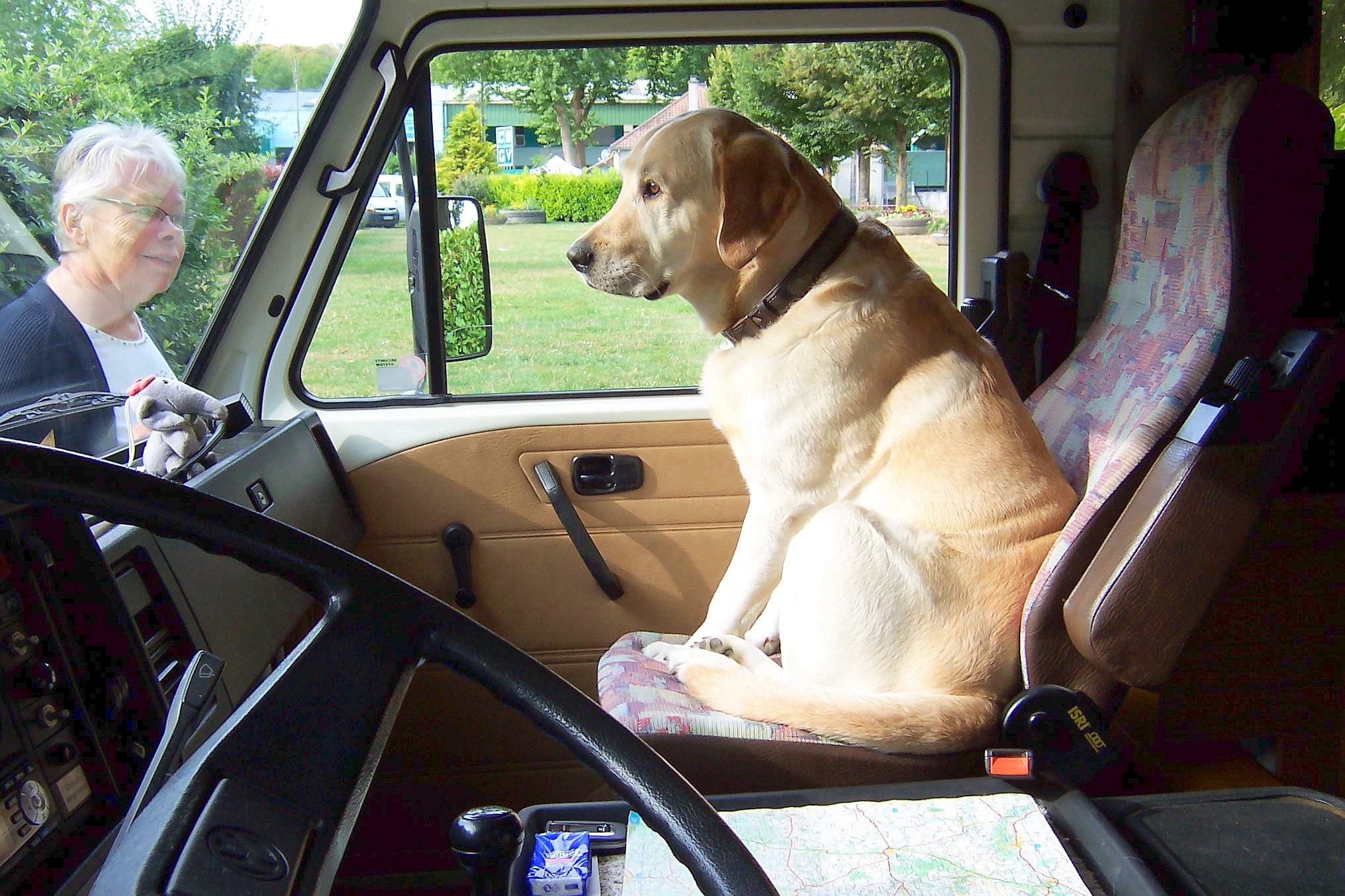 Rüdiger Pinnig aus Neukirchen-Vluyn: Sein Labrador Jacques auf dem Beifahrersitz des Wohnmobils. Diese Stellung nahm er immer ein, wenn er allein gelasen wurde und einen besseren Überblick haben wollte. Das Foto entstand auf dem Campingplatz von StGaultier - Frankreich.  Rüdiger Pinnig Neukirchen-Vluyn