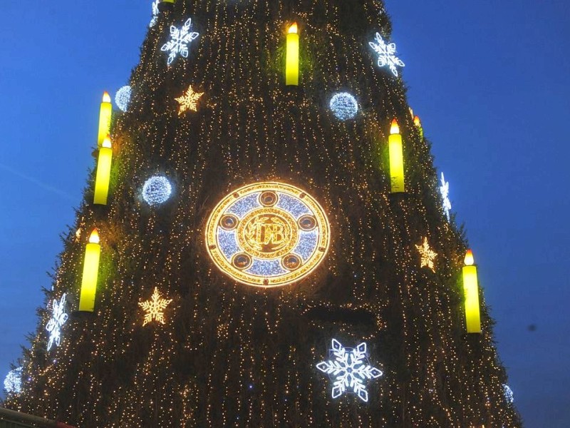 Die Riesentanne auf dem Weihnachtsmarkt wurde am Donnerstag, 24. November 2011, mit einer großen Nachbildung der Meisterschale geschmückt.Foto: Franz Luthe