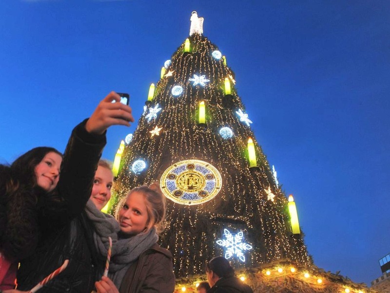 Die Riesentanne auf dem Weihnachtsmarkt wurde am Donnerstag, 24. November 2011, mit einer großen Nachbildung der Meisterschale geschmückt.Foto: Franz Luthe