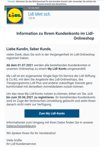 In der Mail macht Lidl eine wichtige Ankündigung.