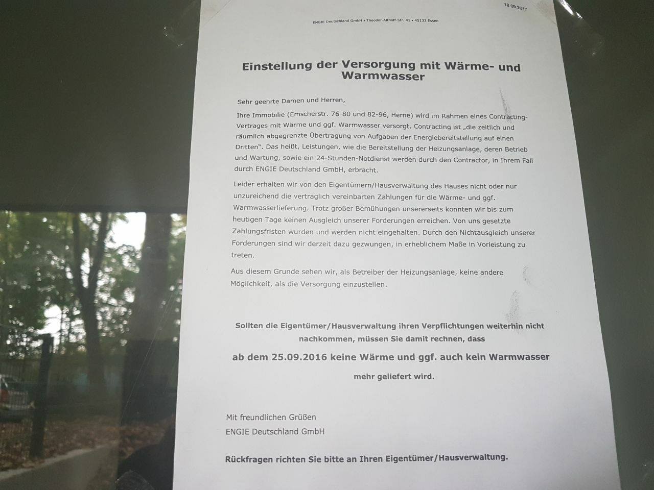 Der Energieversorger droht, am dem 25. September alle Hähne zu zudrehen.