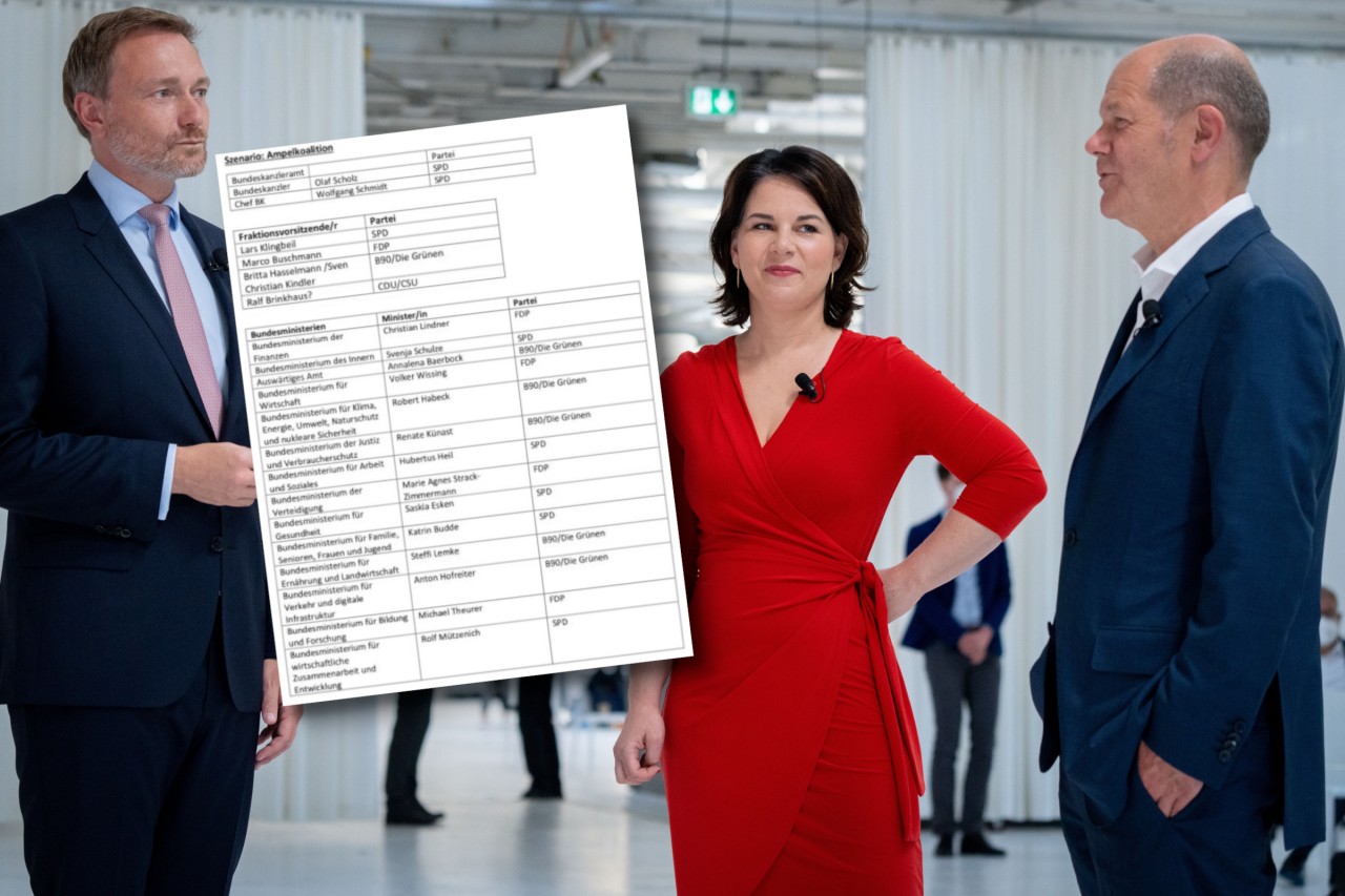 Olaf Scholz, Annalena Baerbock und Christian Lindner: Gibt es schon eine Ampel-Ministerliste? Ein Papier soll in Berlin kursieren.