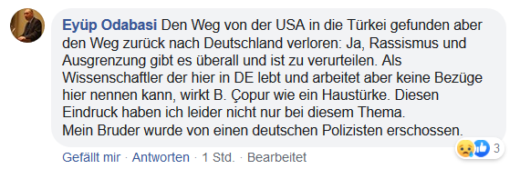 In diesem Beitrag nennt Odabasi Türkei-Experte Copur verächtlich „Haustürke“ – eine Bezeichnung, die oft von Nationalisten und Islamisten gegen in Deutschland lebende Erdogan-Kritiker verwendet wird.