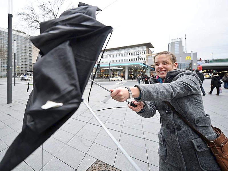 ...Regenschirm hielt den Windböen, die eine Geschwindigkeit von bis zu 190 km/h erreichten,...