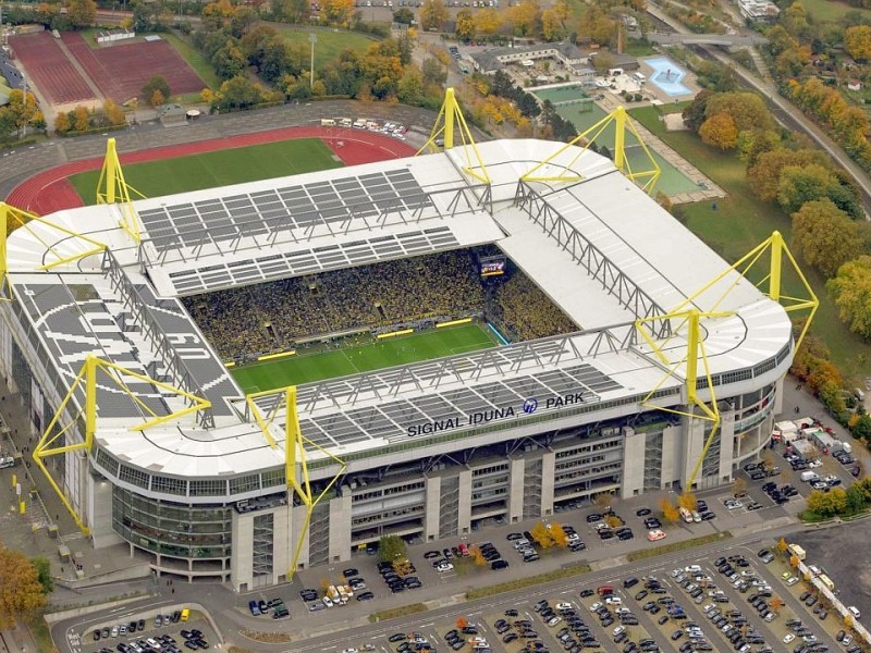 Luftbild, SignalIdunaPark, Westfalenstadion, Revierderby, 1:2, Fans, Bundesliga, Fussball,  Dortmund, Ruhrgebiet, Nordrhein-Westfalen, Deutschland, Europa