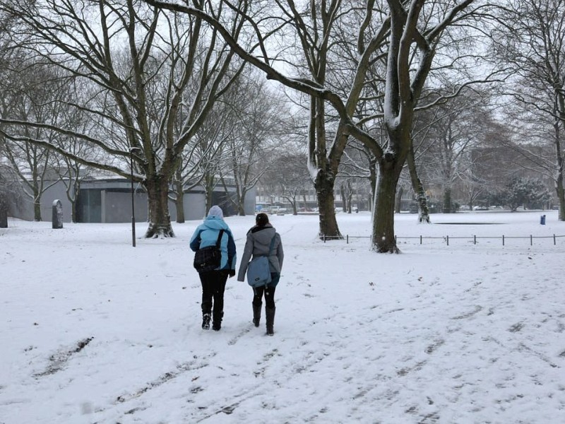 Der Duisburger Kantpark liegt unter Schnee.