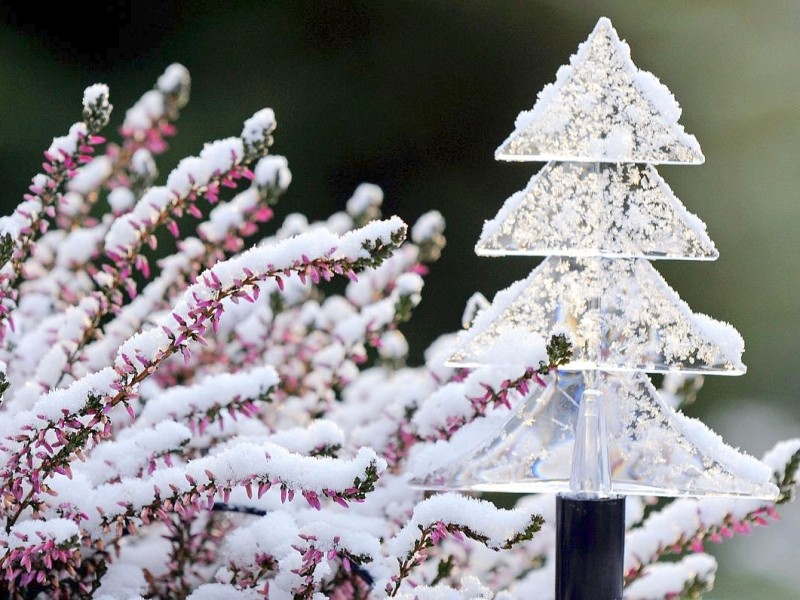 Schneebedeckte Weihnachtsdeko.