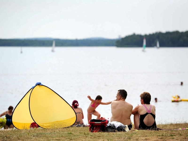 Badegäste liegen in Senftenberg am Stadtstrand des Senftenberger Sees.