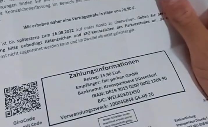 Diese Zahlungsaufforderung vom Parkplatzbetreiber hat John-Reed-Kunde Ahmad Abdal erhalten.