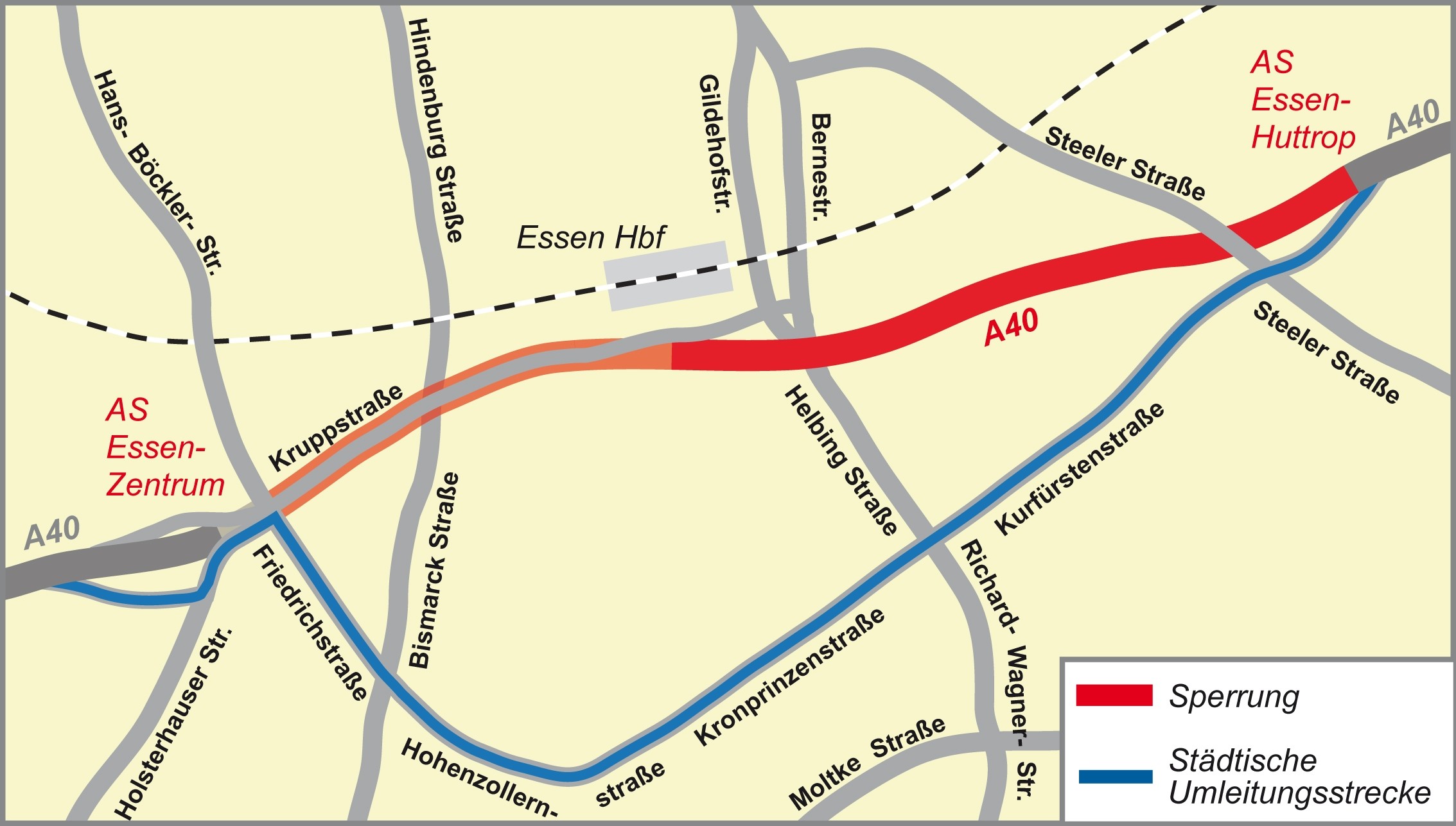 Während der Sperrung der A40 sollen Autofahrer diese Umleitung durch Essen nehmen.