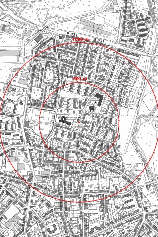 Evakuierungs- und Sicherheitszone für den Einsatz am Donnerstag in Oberhausen-Dümpten.