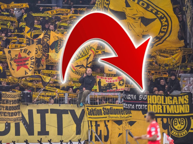 Eine Hooligans-Zaunfahne in der Kurve von Borussia Dortmund.