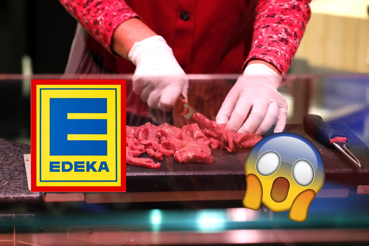 Edeka Fleischtheke VerkÃ¤uferin schneidet Fleisch Logo und aufgeregter Smiley