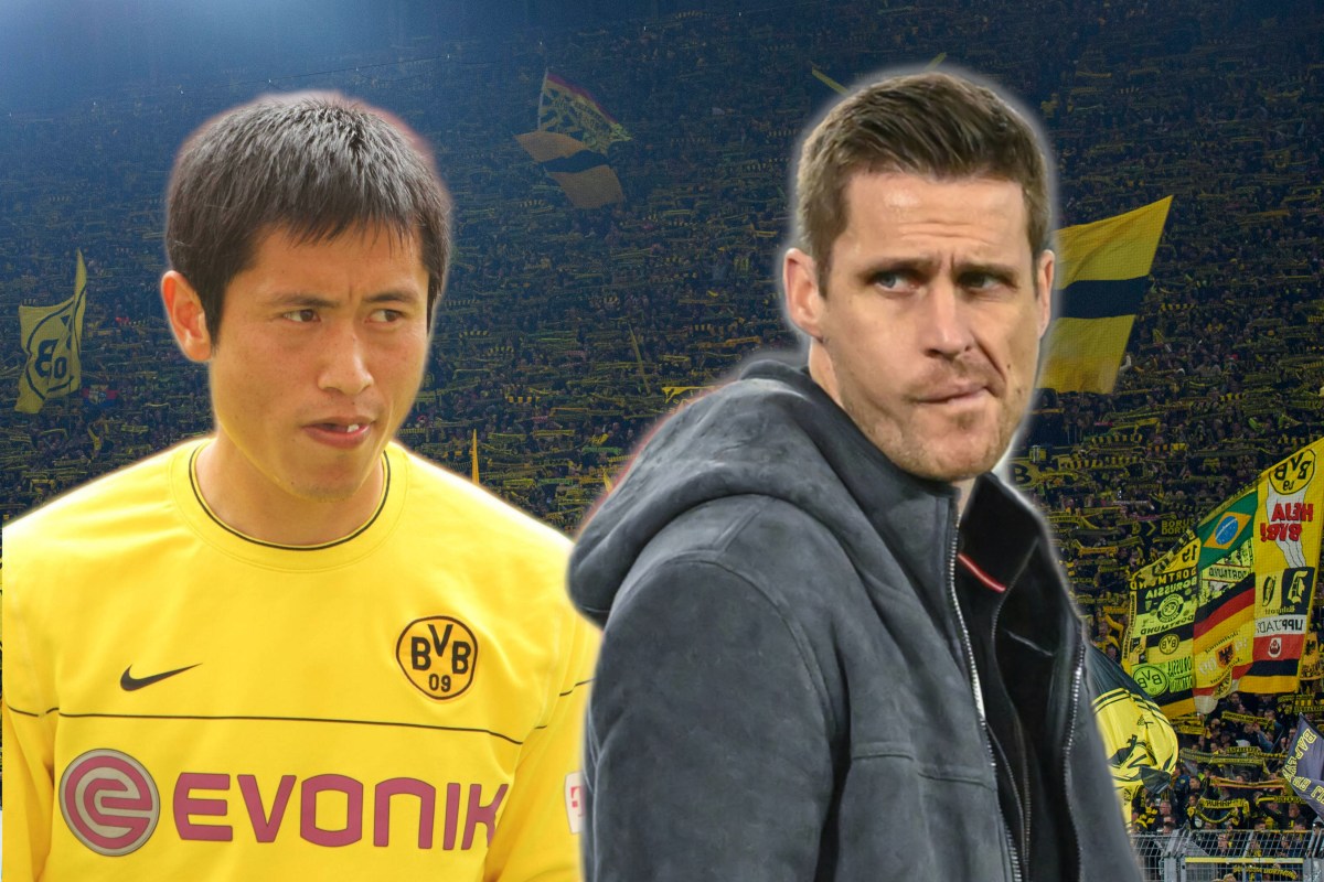 Borussia Dortmunds Sportdirektor Sebastian Kehl und Ex-BVB-Profi Young-pyo Lee schauen sich an.