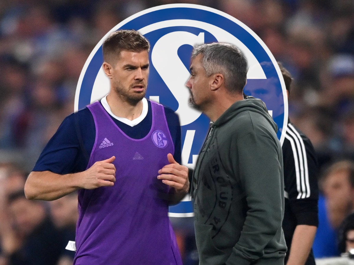 Thomas Reis und Simon Terodde beim FC Schalke 04 im Gespräch.