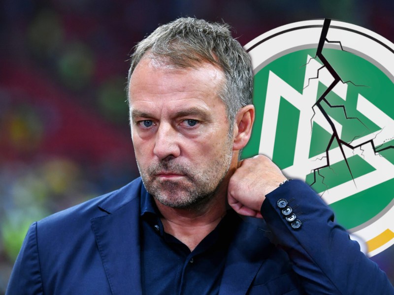 Hansi Flick vor dem Logo des DFB.