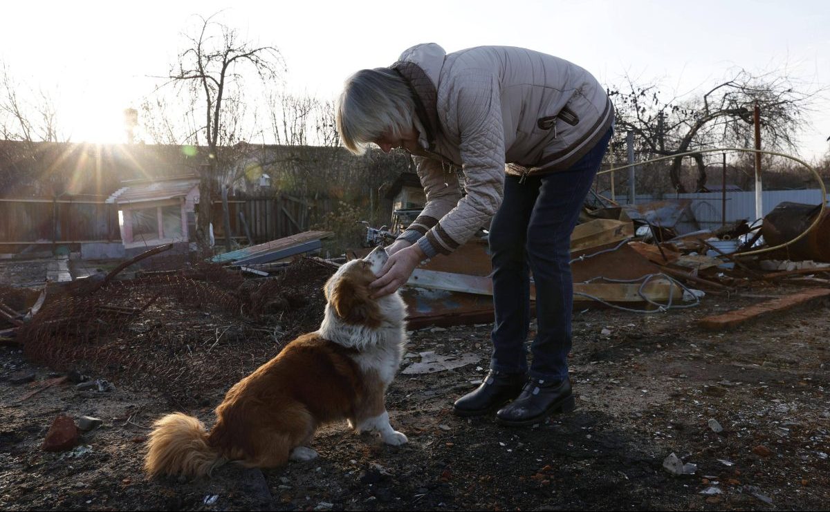 Frau streichelt Hund