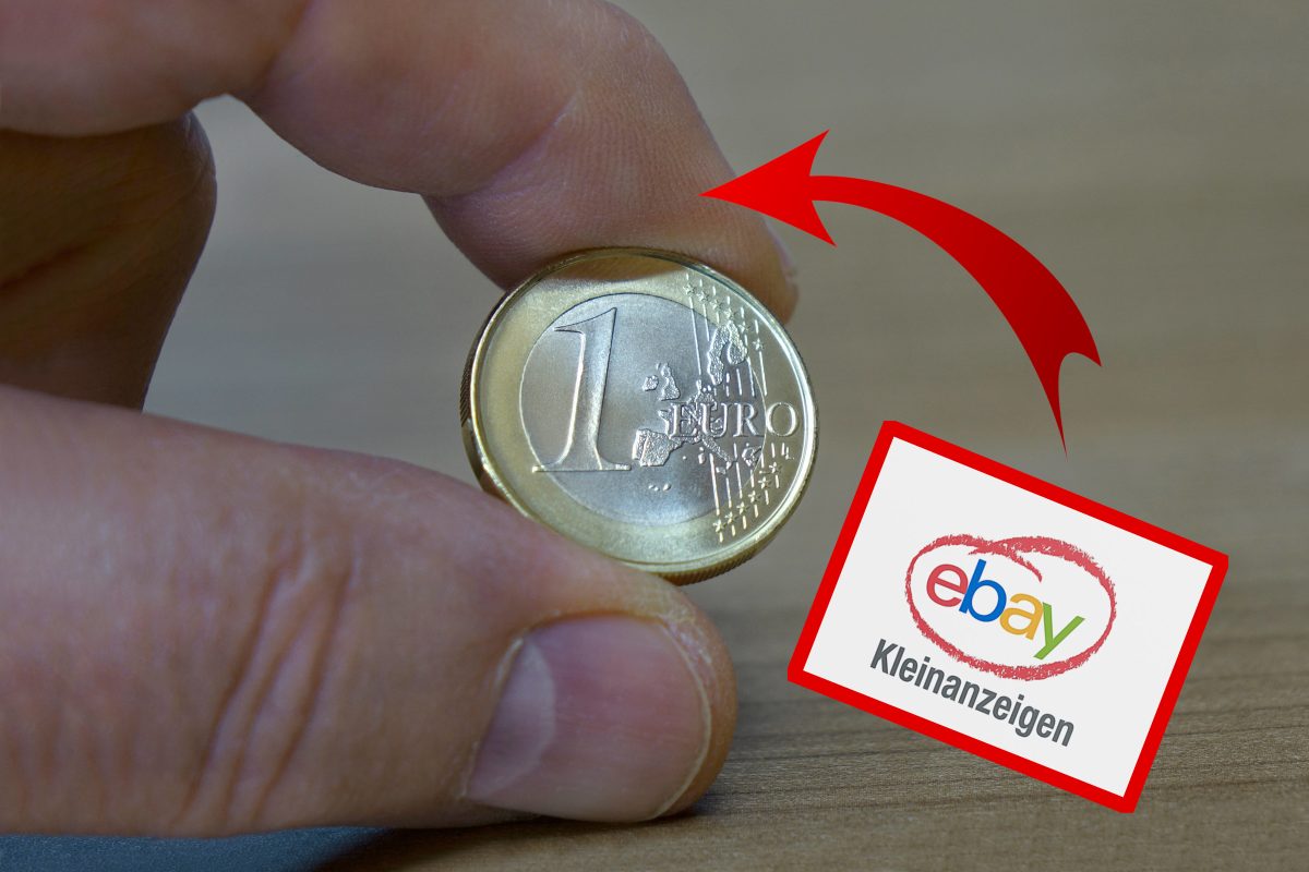 Mann hält Euro zwischen Fingern mit Ebay Kleinanzeigen Logo