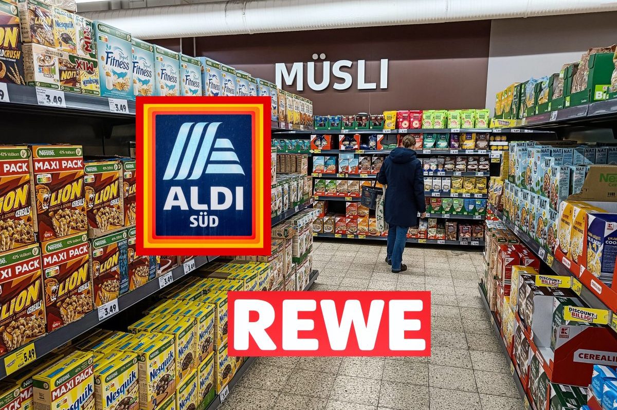 Rewe und Aldi-Logo im MÃ¼sli-Gang