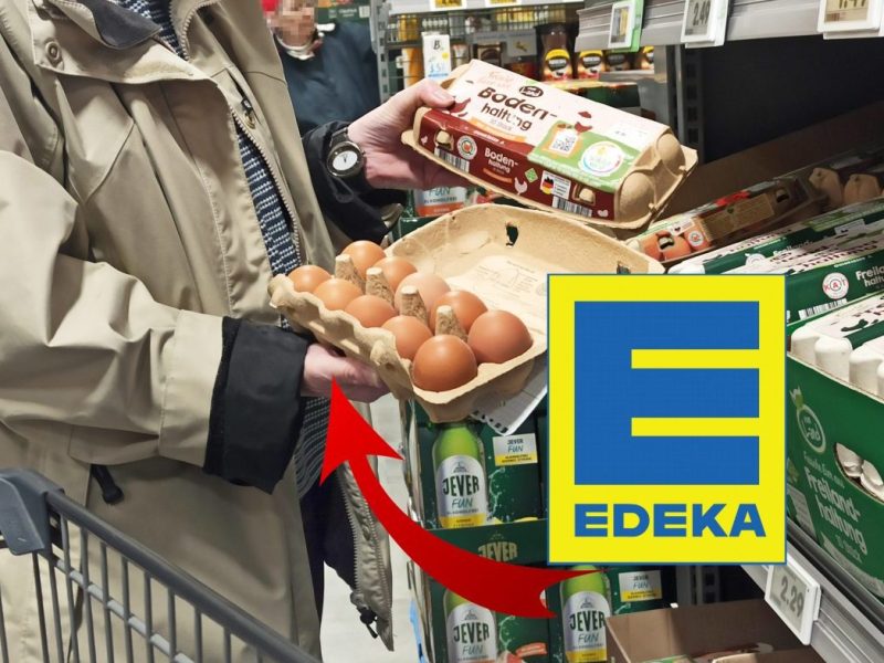 Edeka-Logo, Kunde im Markt hält Eier-Schachtel hoch